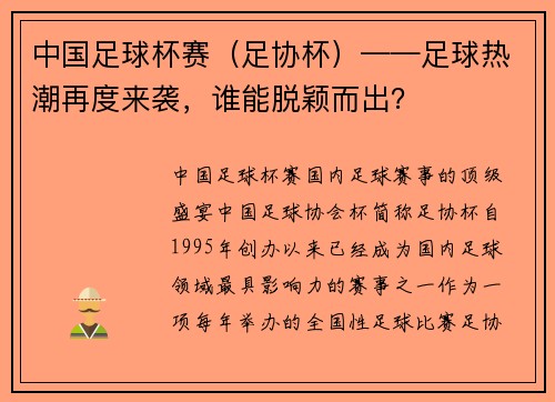 中国足球杯赛（足协杯）——足球热潮再度来袭，谁能脱颖而出？